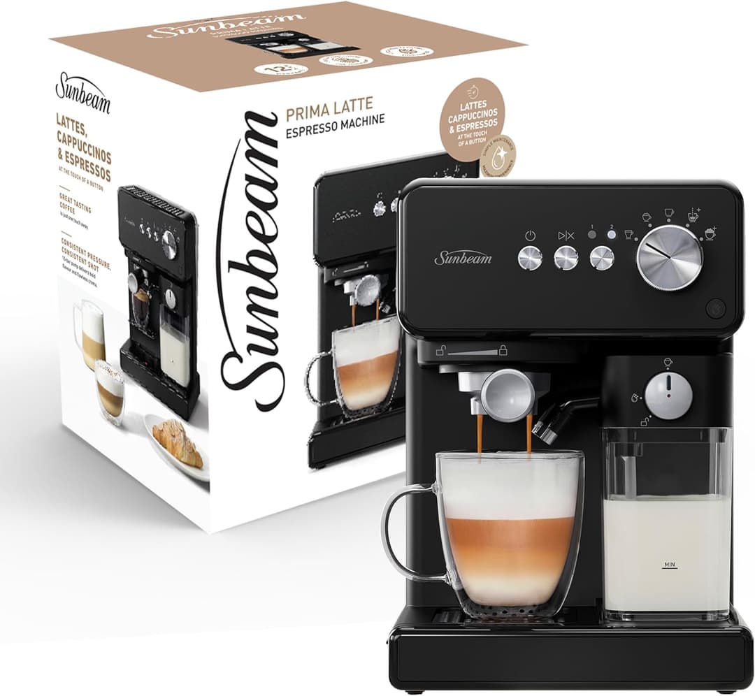 Sunbeam Prima Latte Semi Automatic Coffee Machine | One-Touch Auto Milk Frothing for Cappuccinos & Lattés