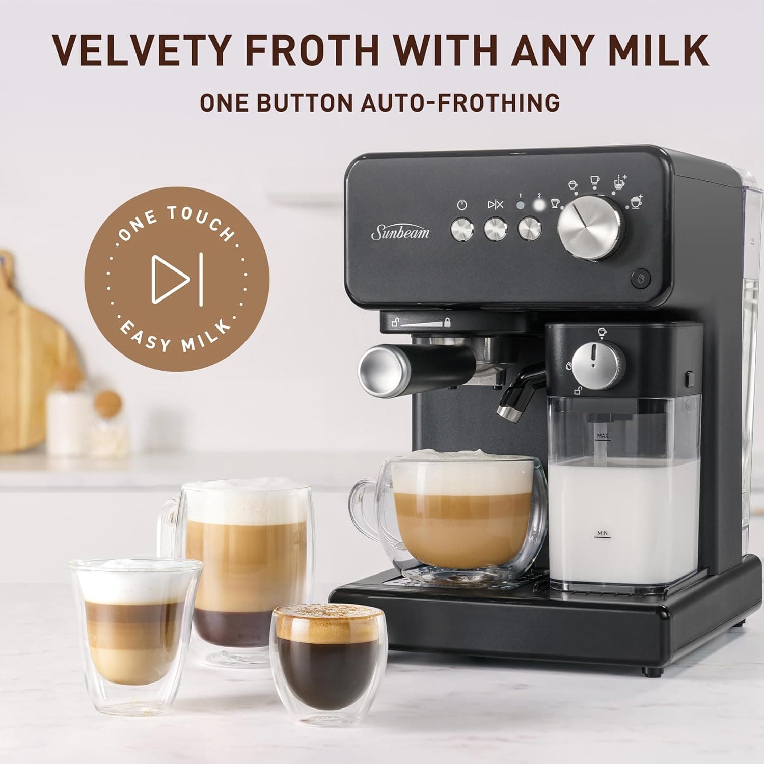 Sunbeam Prima Latte Semi Automatic Coffee Machine | One-Touch Auto Milk Frothing for Cappuccinos & Lattés